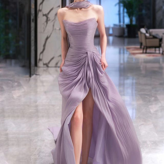 Set: Strapless Plain Ruched Slit Mermaid Evening Gown + Scarf
