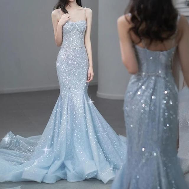 Evening Back Strap Gown Spaghetti Open Trained Sequin Mermaid