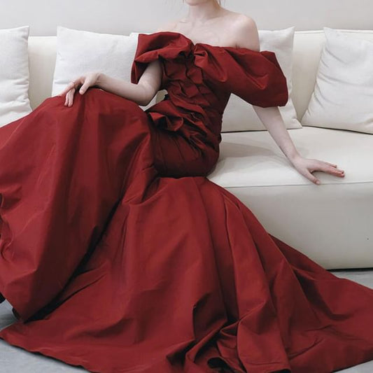 Trumpet Off-Shoulder Plain Gown Bow Ruched Accent Evening Trained Puff-Sleeve