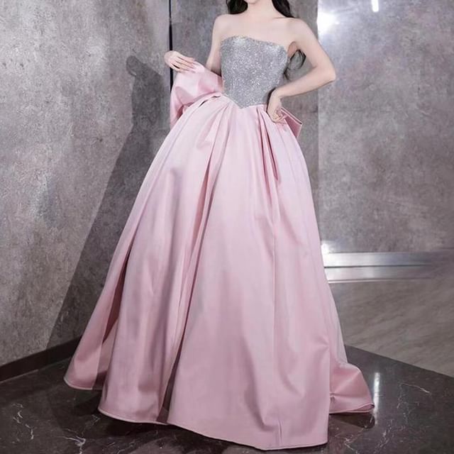 Gown Panel Strapless Sequin Bow Ball Back