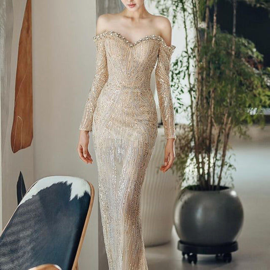 Long-Sleeve Off-Shoulder Sequin Mermaid Evening Gown