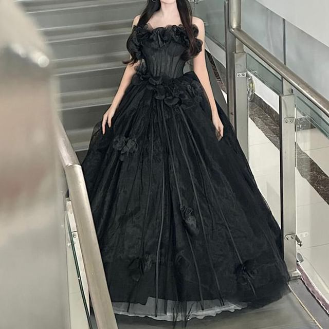 Floral Strapless Plain Ball Accent Gown