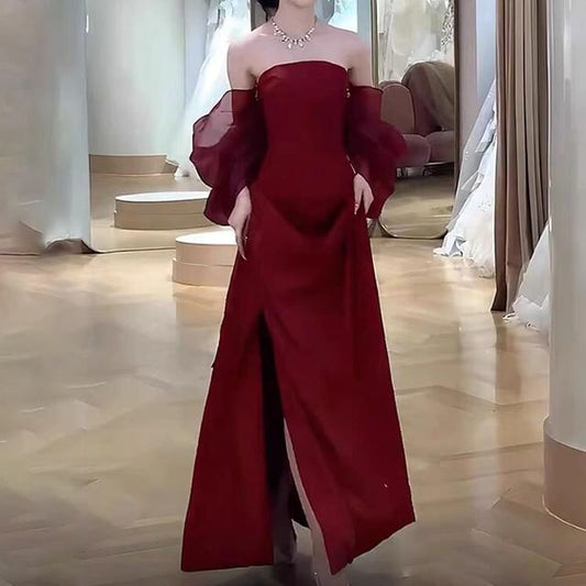 Off-Shoulder Plain Ruched Slit Satin Mermaid Evening Gown