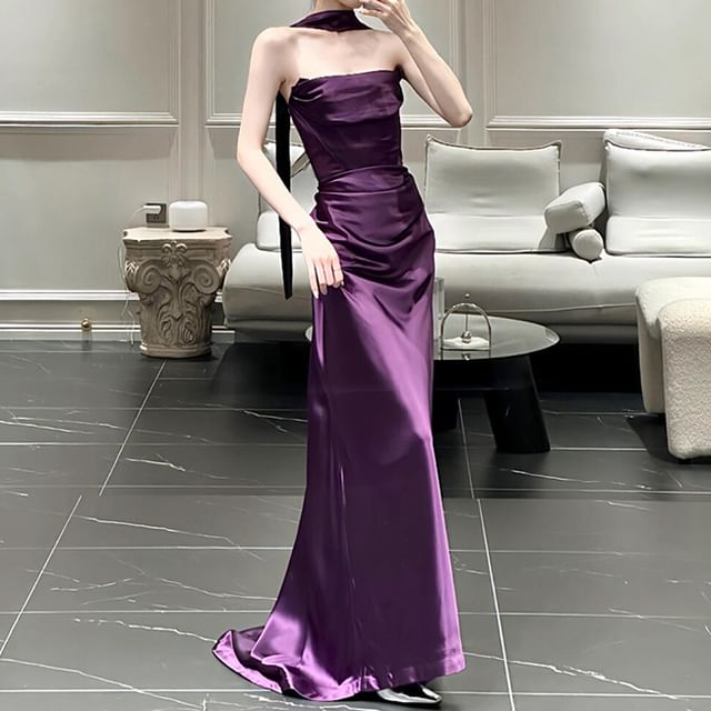 Set: Strapless Plain Ruched Satin Mermaid Evening Gown + Scarf