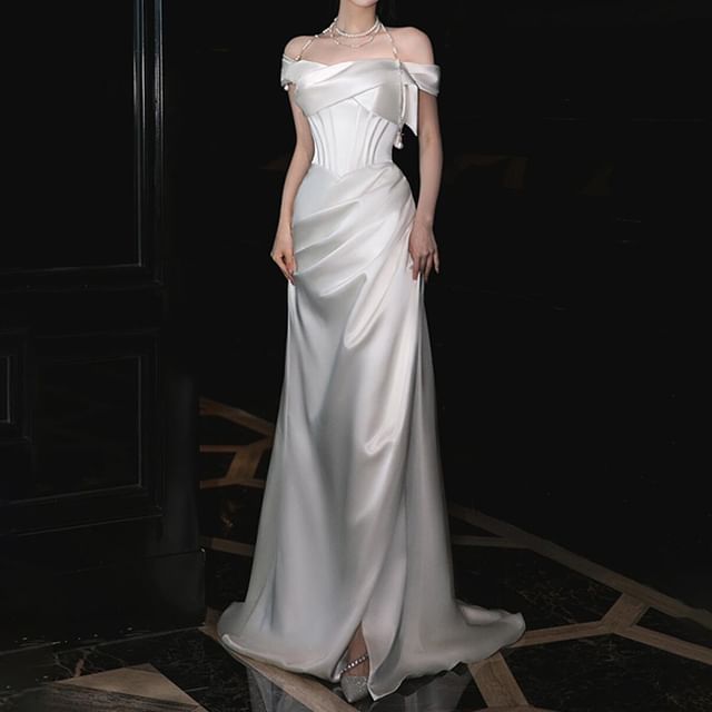 Off-Shoulder Plain Ruched Satin Mermaid Wedding Gown