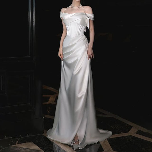 Off-Shoulder Plain Ruched Satin Mermaid Wedding Gown