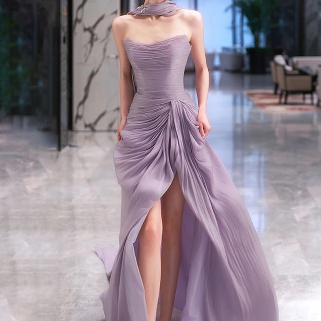 Set: Strapless Plain Ruched Slit Mermaid Evening Gown + Scarf