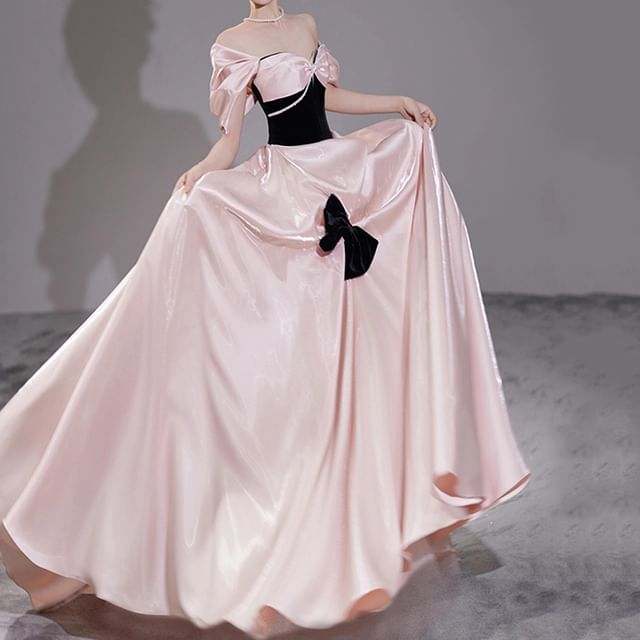 Ruched A-Line Accent Off-Shoulder Two Bow Gown Tone Evening