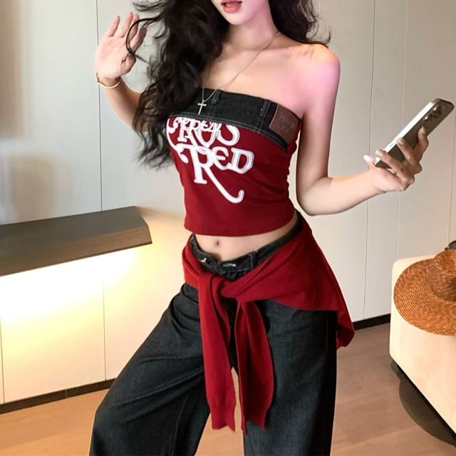 Print Jeans Denim High Leg / Top Rise Wide Plain Crop Shawl Lettering Tube Panel