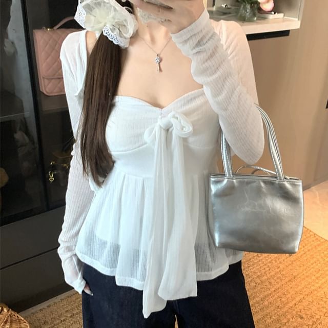 Top Crop Cardigan Accent Plain Flowy / Round Neck Sweetheart Tube Button-Up Neckline Bow