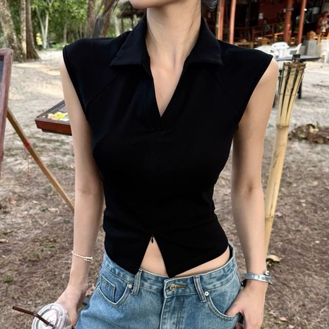 Slit Collared Zipped Fit Crop Sleeveless Slim Plain Top