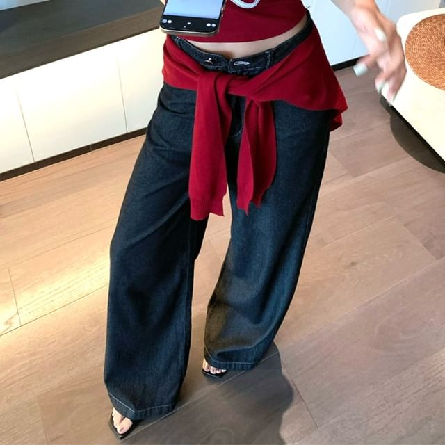 Print Jeans Denim High Leg / Top Rise Wide Plain Crop Shawl Lettering Tube Panel