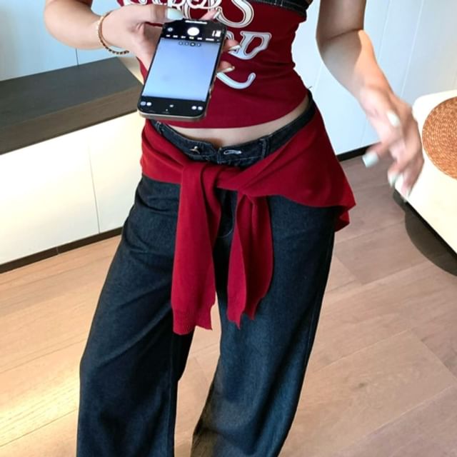 Print Jeans Denim High Leg / Top Rise Wide Plain Crop Shawl Lettering Tube Panel