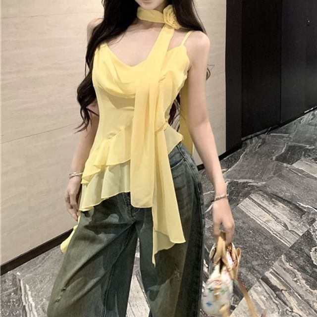V-Neck Camisole Crop Plain Scarf Asymmetrical Hem + Ruffle Set: Top
