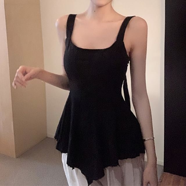 Scoop Neck Tank Jacquard Frayed Peplum Top Asymmetrical