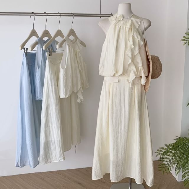 Set: Blouse Midi Ruffle Halter High A-Line Plain Skirt Rise +