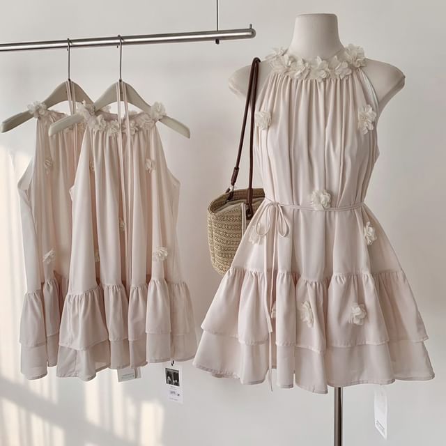 Ruffle Halter Plain Flower Mini Detail Sundress