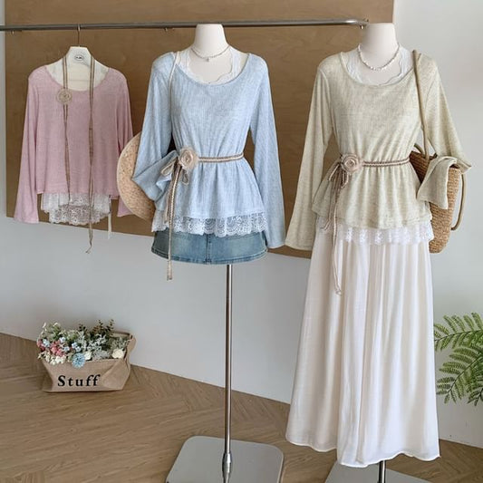 Plain Long-Sleeve Neck Lace Trim Round Tee