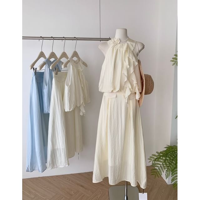 Set: Blouse Midi Ruffle Halter High A-Line Plain Skirt Rise +