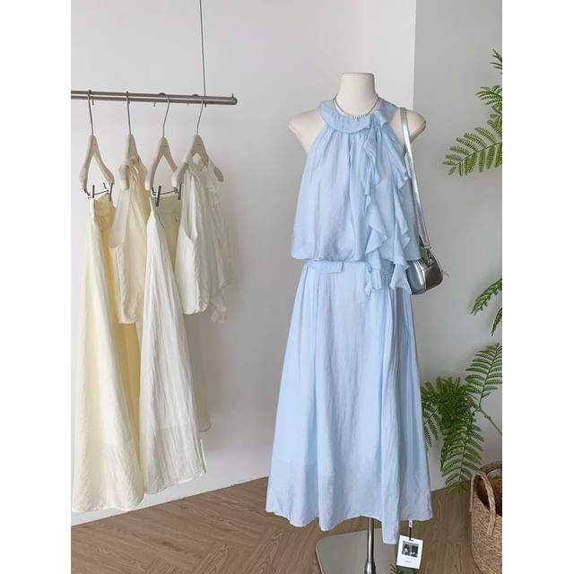Set: Blouse Midi Ruffle Halter High A-Line Plain Skirt Rise +