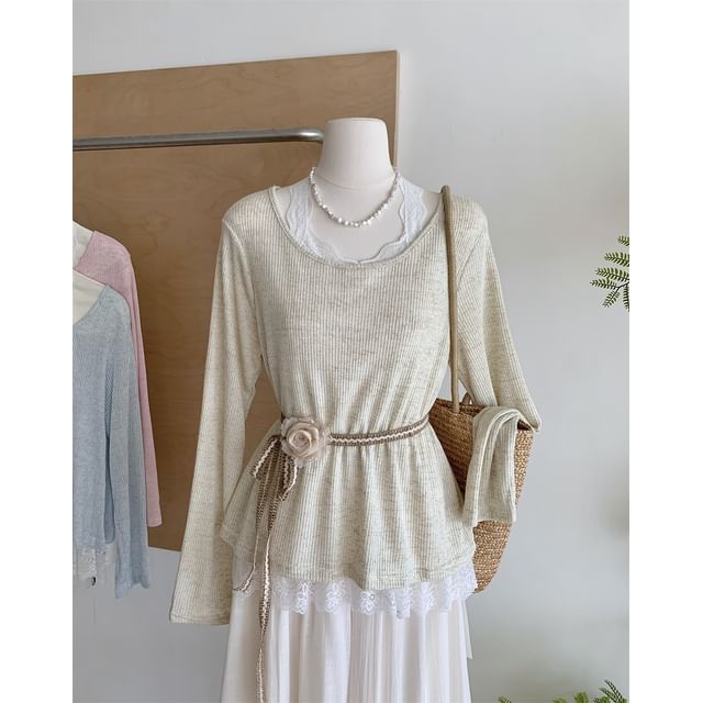 Plain Long-Sleeve Neck Lace Trim Round Tee