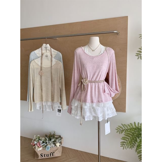 Plain Long-Sleeve Neck Lace Trim Round Tee