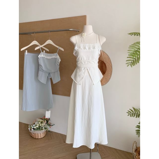 Top High Camisole Lace Rise + Skirt Midi A-Line Front-Slit Trim Set: Plain