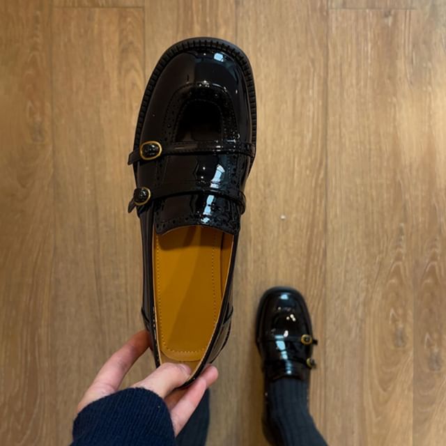 Leather Buckled Heel Faux Chunky Loafers