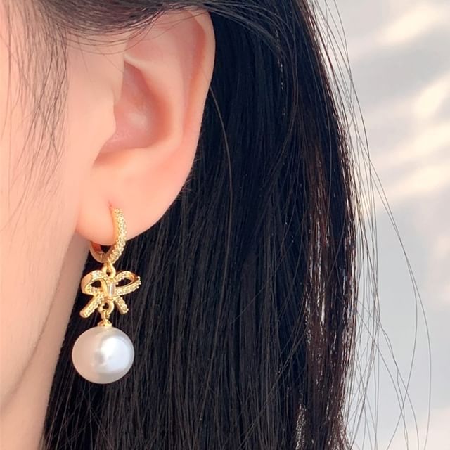 Pearl Rhinestone Faux Bow Huggie Drop Earring