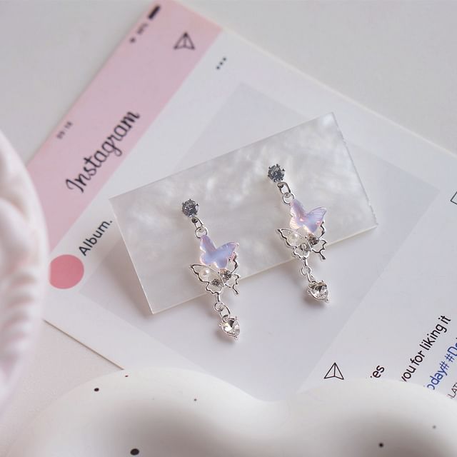 Faux Drop / Pearl Clip-On Earring Rhinestone Butterfly