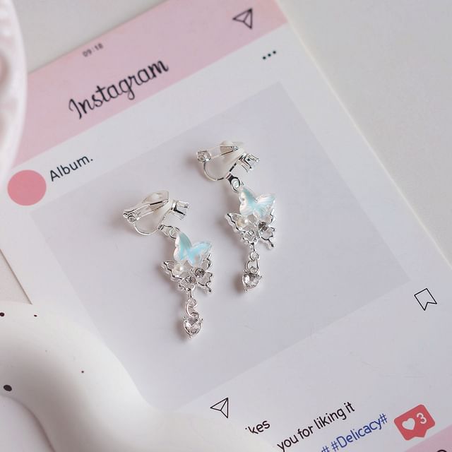 Faux Drop / Pearl Clip-On Earring Rhinestone Butterfly