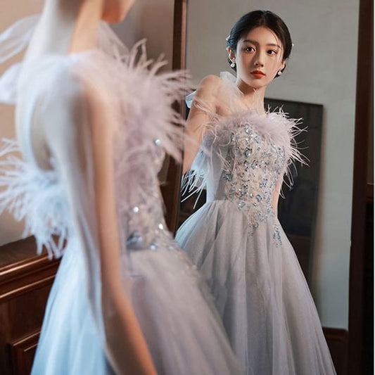 Trim Fluffy Evening A-Line Gown Tie-Shoulder Sequined