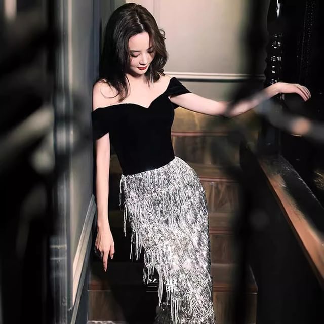 Sequined Velvet Tasseled Panel Off-Shoulder Gown Evening A-Line