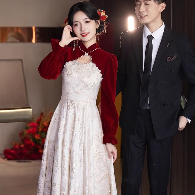 Wedding A-Line Pearl Puff-Sleeve Jacquard Dress Floral Faux Chinese