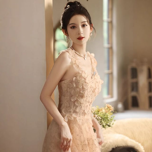 Wide Floral Evening A-Line Strap Gown