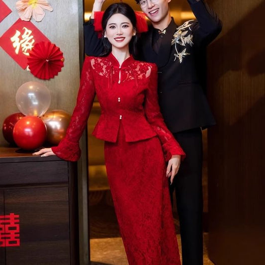 Pencil + Lace Buttoned Top Set: Button-Up Waist Frog Midi Long-Sleeve High Skirt