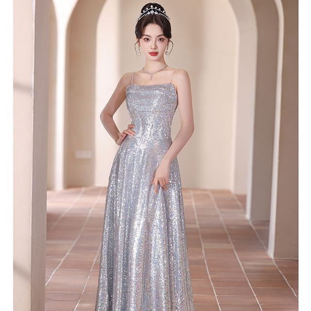 Strap Spaghetti Sequined A-Line Gown Evening
