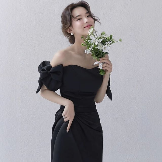 Evening Off-Shoulder A-Line Bow Gown Puff-Sleeve