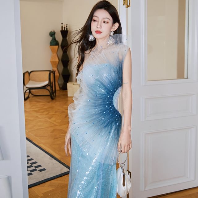 One Sequined Shoulder Ombre Mermaid Gown Evening