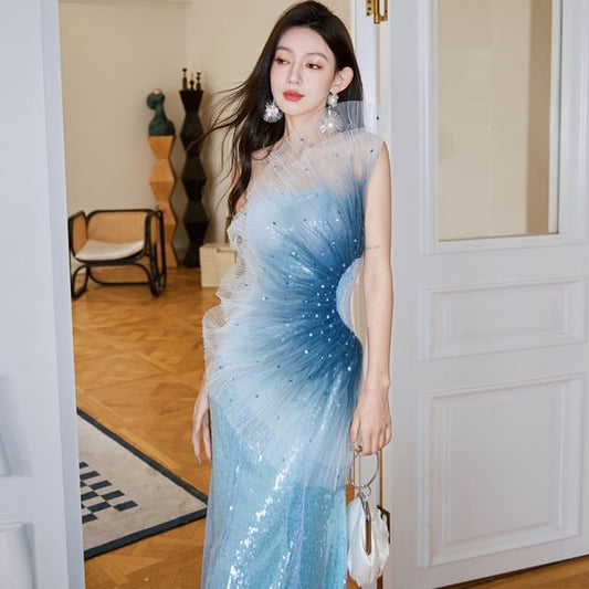 One Sequined Shoulder Ombre Mermaid Gown Evening