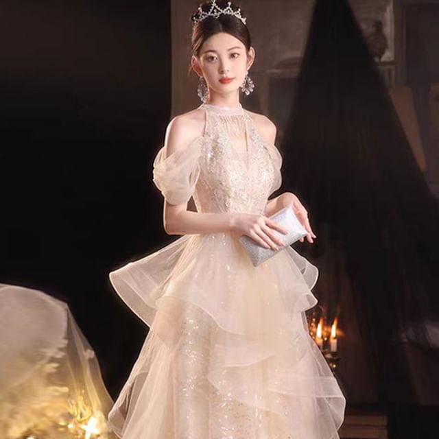 Evening Sequined A-Line Gown Ruffled Cold-Shoulder