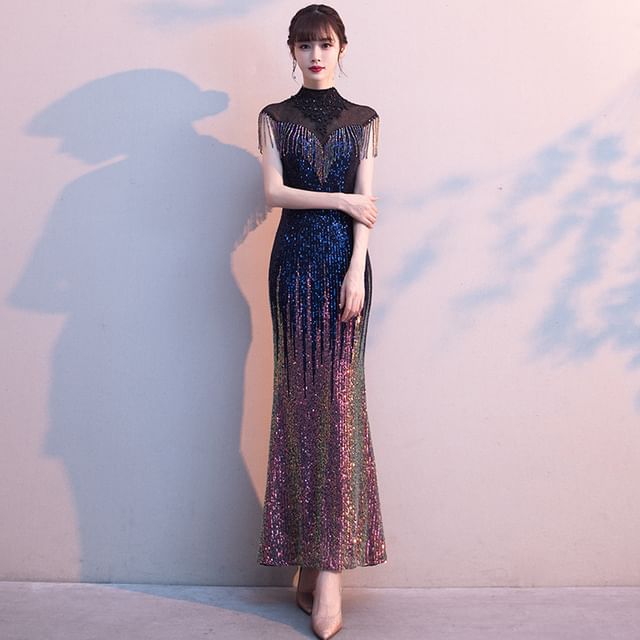Neck Short-Sleeve Sequined Evening Gown High Mermaid Fringe