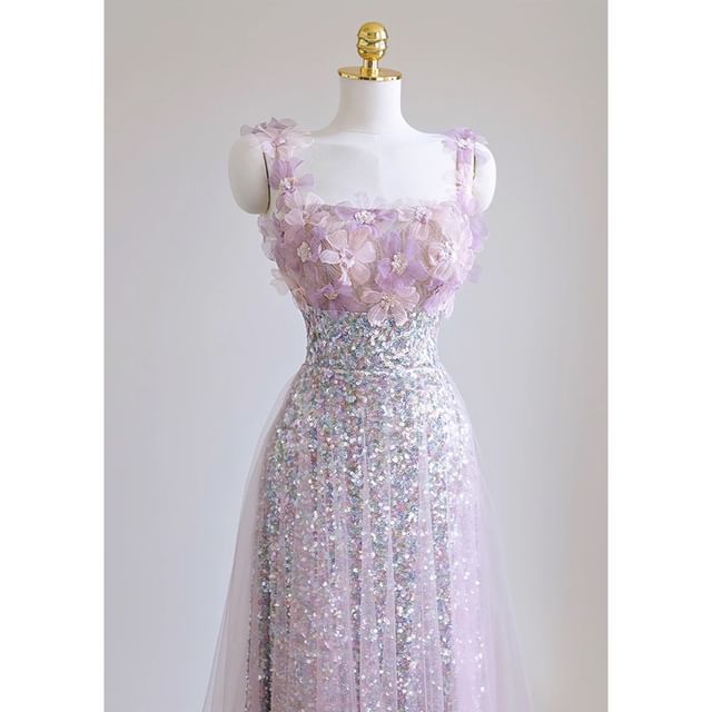Evening Strap A-Line Floral Wide Gown Glitter