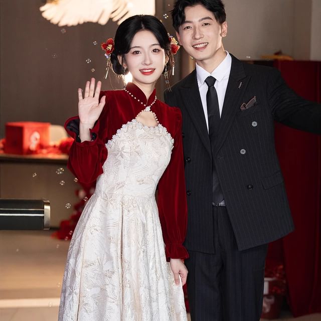 Wedding A-Line Pearl Puff-Sleeve Jacquard Dress Floral Faux Chinese