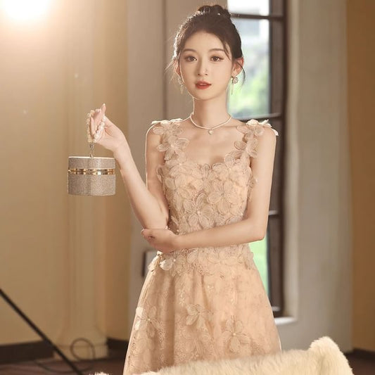 Floral Wide Gown Strap Evening A-Line