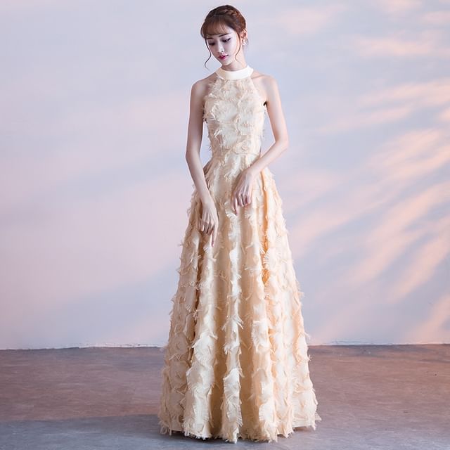 Halter-Neck Gown Evening Feather A-Line