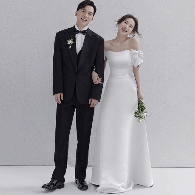 Bow Puff-Sleeve Gown A-Line Evening Off-Shoulder