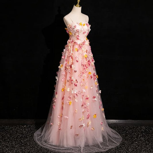 Spaghetti A-Line Mesh Applique Strap Gown Floral Evening