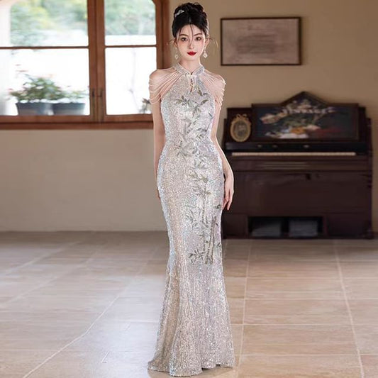 Gown Sequined Evening Floral Cold-Shoulder Mermaid