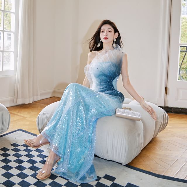 One Sequined Shoulder Ombre Mermaid Gown Evening